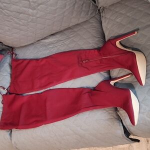 Maroon Red Satin Feel Stilleto Tall Boots